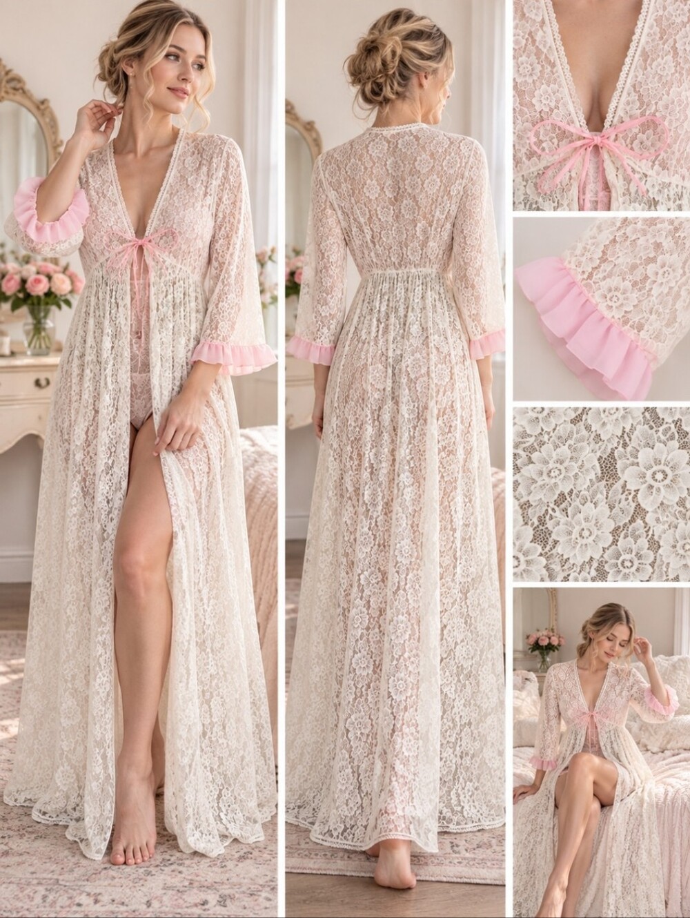 Vintage Dori Lingerie Lace Peignoir Pink Ivory Made Canada 1960s 70s Maxi Robe